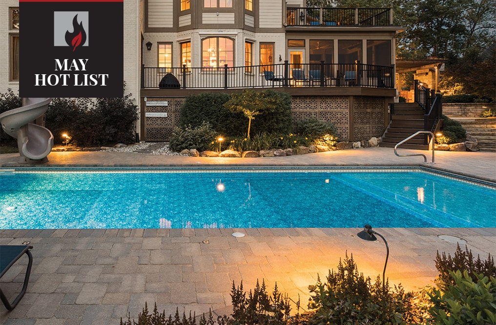 BPI May Hotlist Item, Outdoor lighting surrounding a pool at twilight for upscale outdoor parties