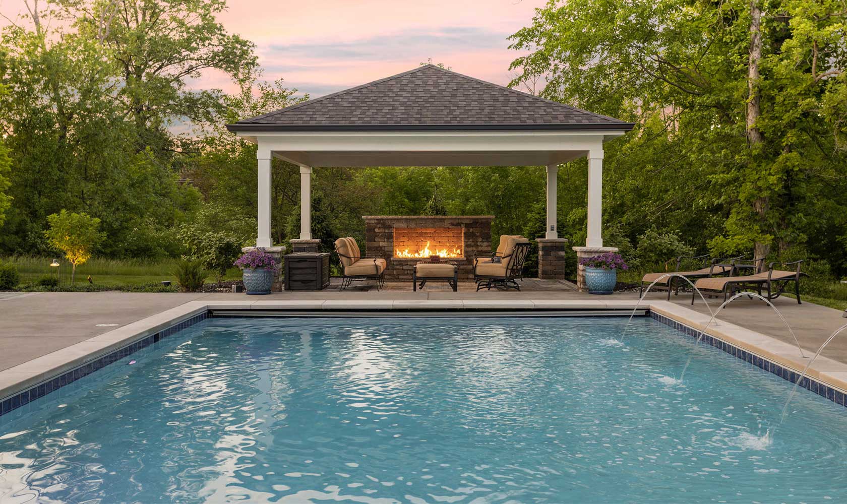 Outdoor entertainment area with cabana