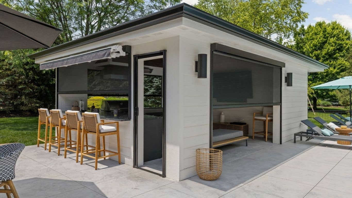 pool house kitchen with screens