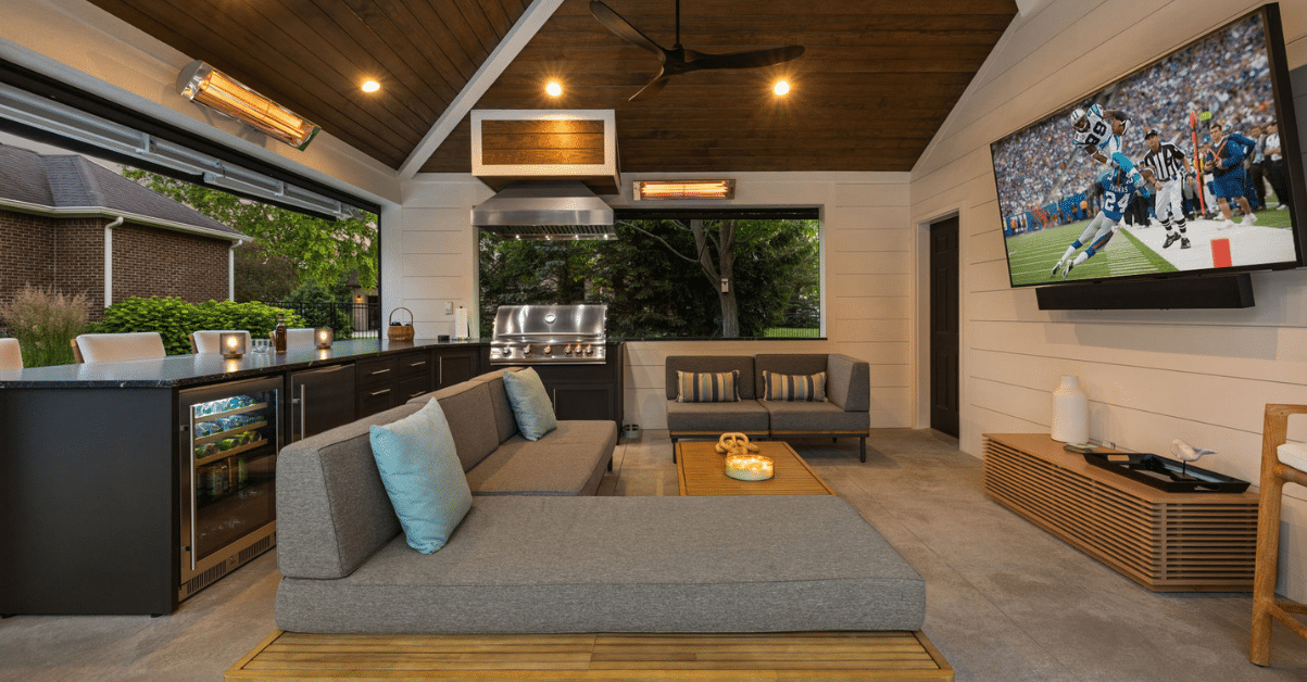 Kitchen under a covered living space