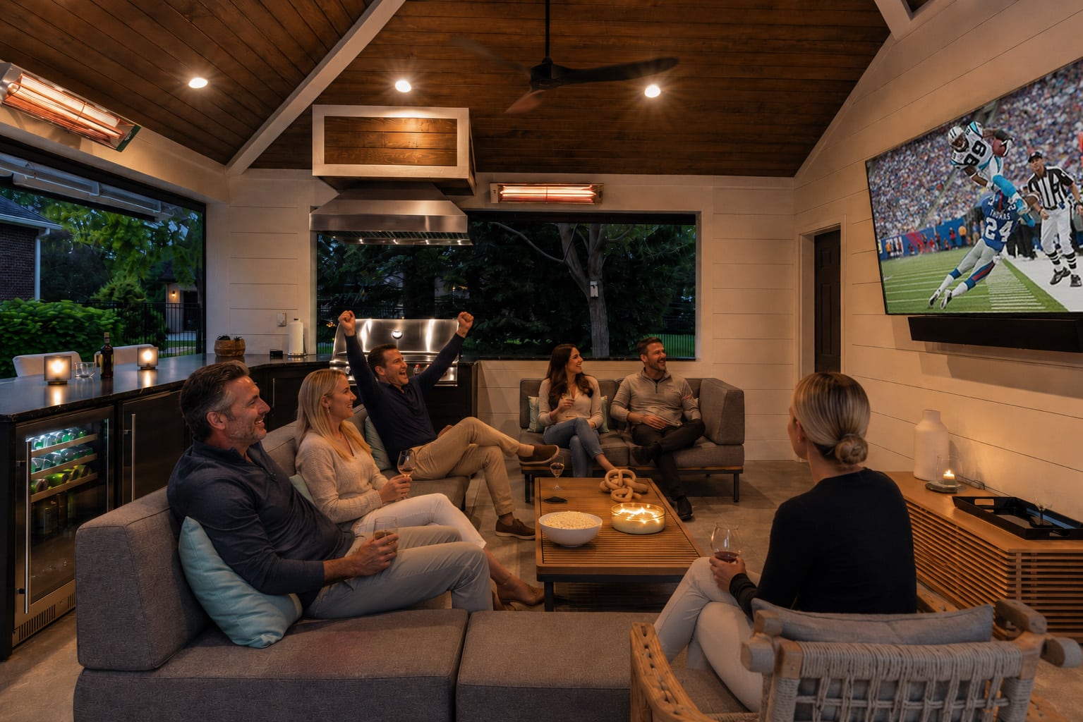 outdoor space with seating area, kitchen, pool and covered space